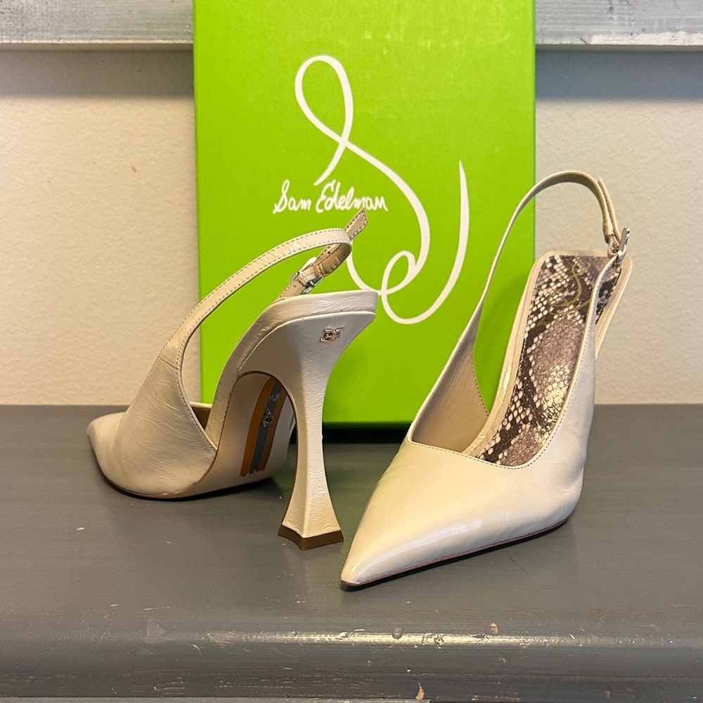 Sam Edelman Odette Ivory Slingback Pointed-Toe Pumps with Sculpted Heel - Picture 1 of 7